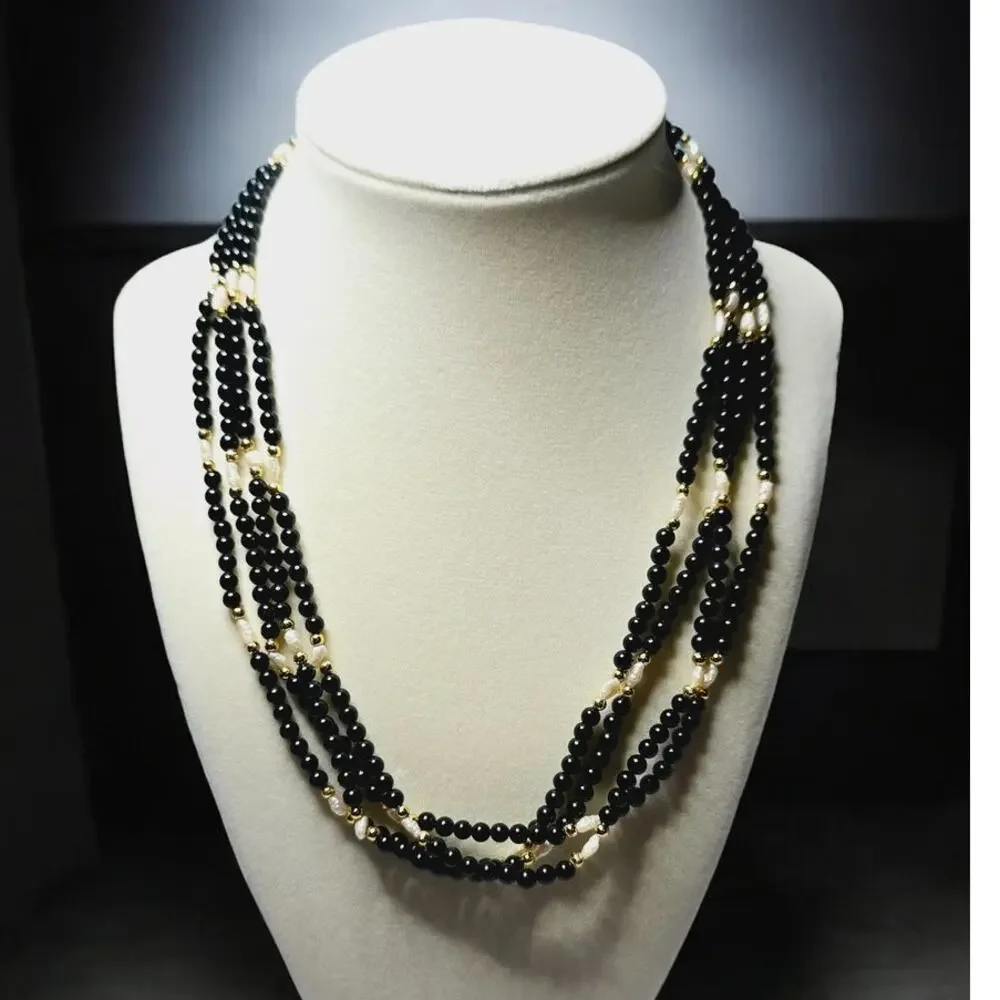 Black Beaded Multi Strand Necklace Rice Pearl Gold Accent Layered - Modern Chic